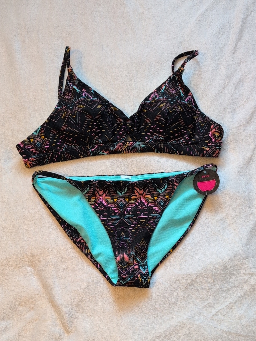 No Boundaries Black Multicolor Pattern Bikini with Aqua Lining